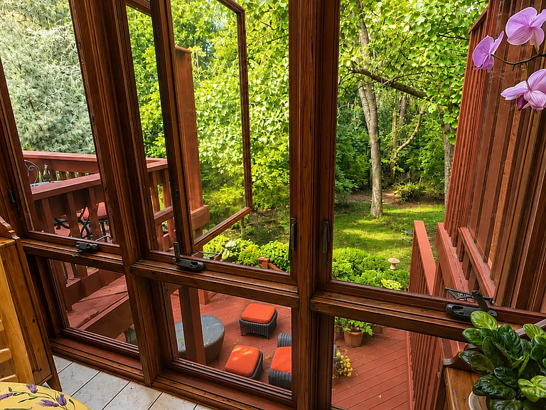 Breakfast room for morning coffee with peaceful bird songs, immersed in nature.