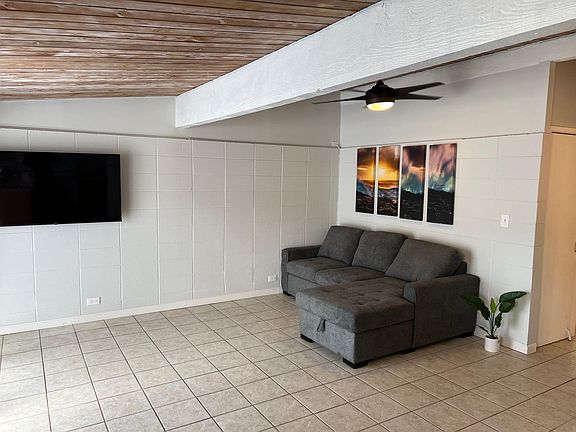 Pull-out couch, wall mounted TV that extends and swivels.