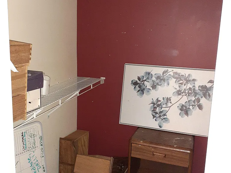 Walk-in storage closet with wire shelving and space for organizing bins, shoes, and seasonal items.