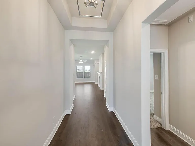 Recessed entryway featuring wood-finish flooring, light neutral wall tones, and a tray ceiling with a contemporary light fixture