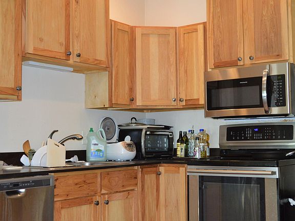 Induction cook top with convection oven for efficient cool cooking. Hickory cabinets with natural finish and microwave hood vent. High efficiency Bosch dishwasher.