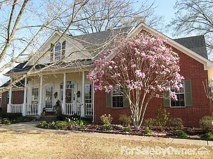 Front view of house and yard : Beautiful established landscaping and shade trees