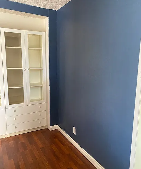 Downstairs room for rent showing part of entertainment and storage available in room.