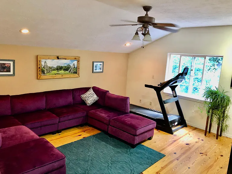 Get your steps in on the treadmill. Or just lounge on the extra large sectional purple couch