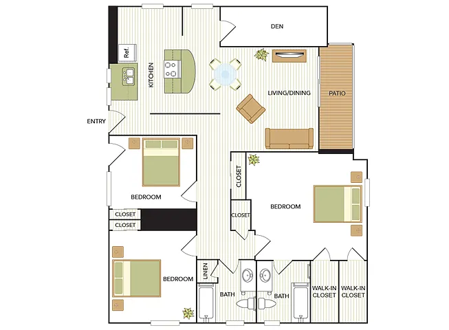 Floor plan Three Bedroom, Two Bath Den