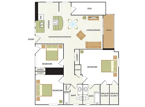 Floor plan Three Bedroom, Two Bath Den