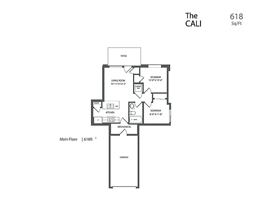 Floor plan 2 bedroom, 1 bathroom and garage