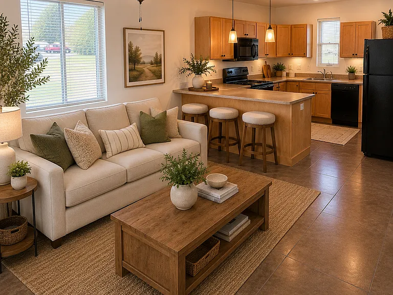 Open living dining and kitchen area