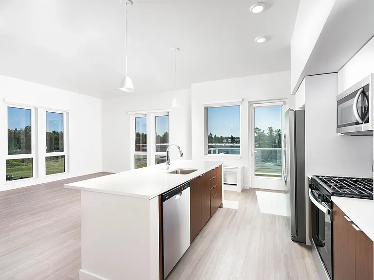 This open-concept apartment features a chef-ready kitchen with a gas range, sleek stainless steel appliances, and airy living spaces.