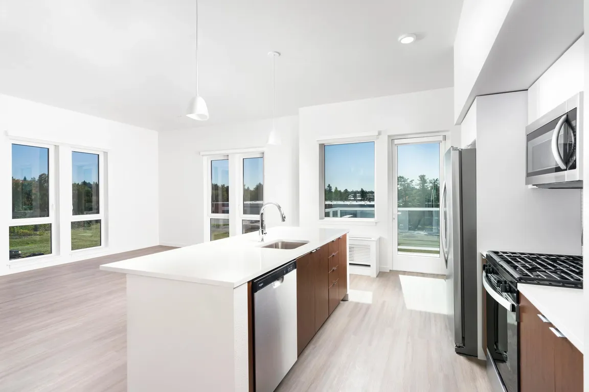 This open-concept apartment features a chef-ready kitchen with a gas range, sleek stainless steel appliances, and airy living spaces.