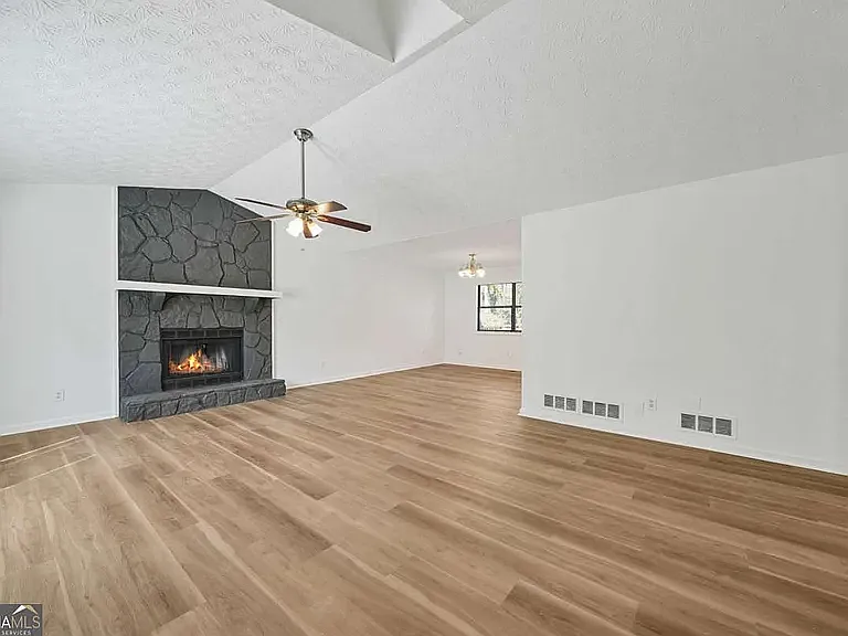 Vaulted family room with gas fireplace