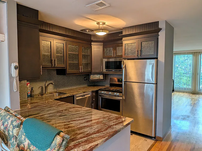 view of kitchen from eating area