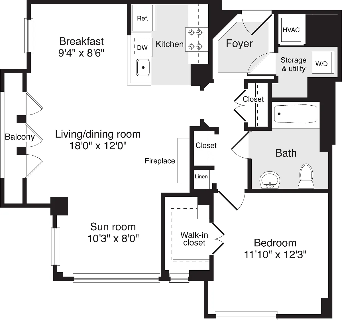 Floor plan 1 Bedroom AA