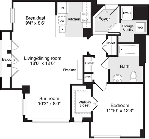 Floor plan 1 Bedroom AA