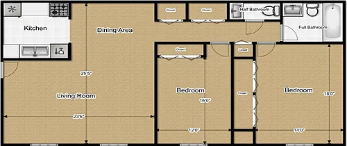 Floor plan 2 bed 1 and 1 half bath