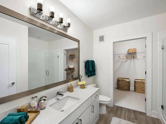 Spacious Bathroom Featuring Glass Shower and Attached Walk-In Closet
