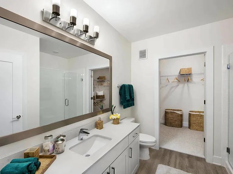 Spacious Bathroom Featuring Glass Shower and Attached Walk-In Closet