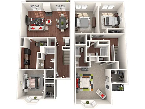 Floor plan Townhome - 4 Bed, 3 Bath, Balcony & Fireplace