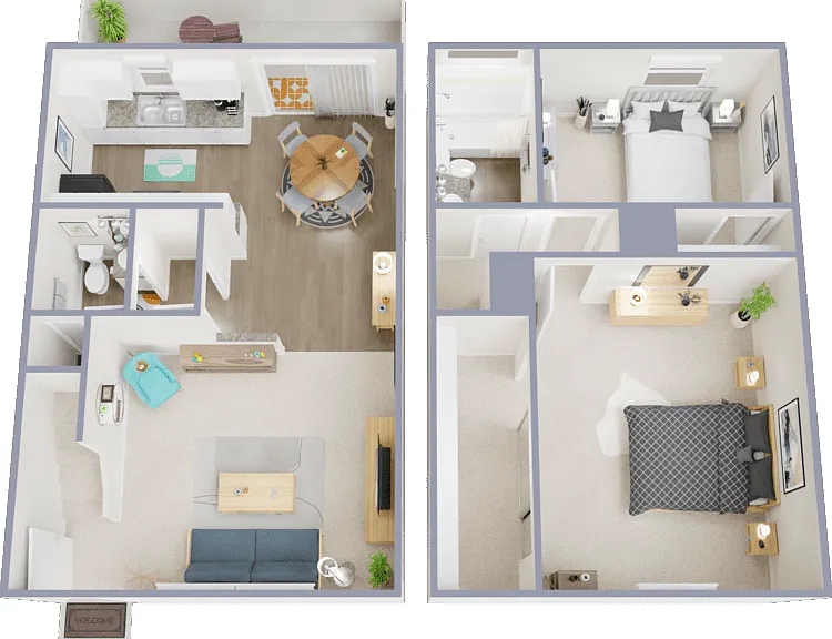 2 Bed 1.5 Bath Townhome Floorplan Diagram