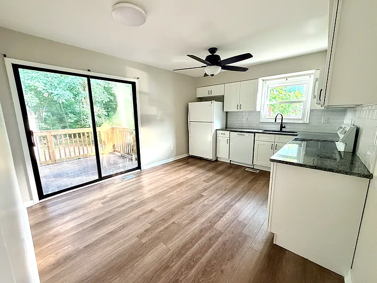 Newly Renovated Kitchen, leading to private deck overlooking backyard