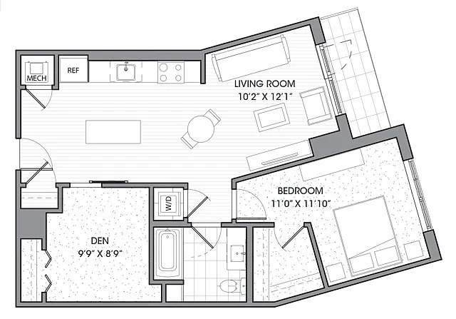 Floor plan One Bedroom One Bath Den (854 SF)