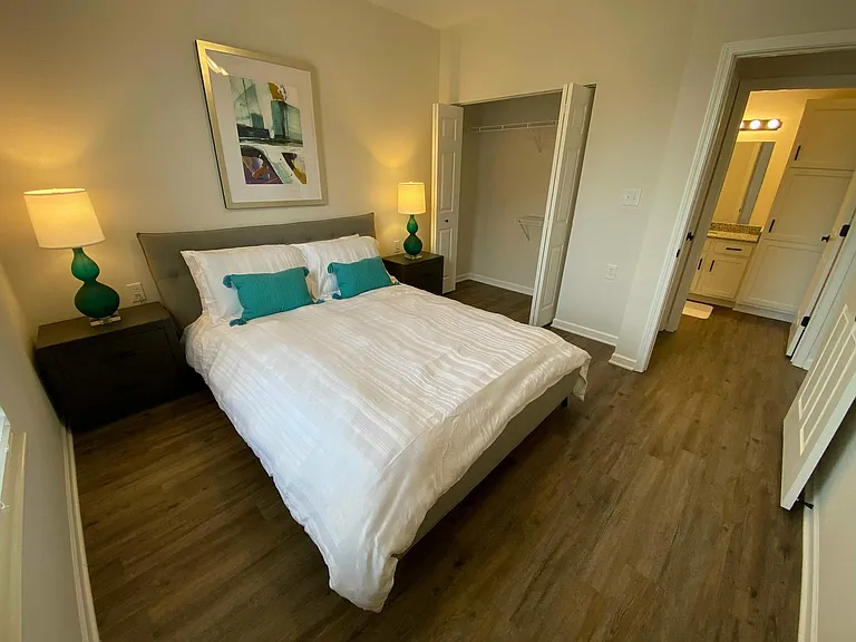 Clean lines and calming vibes: this bedroom features wood-style floors and a generous closet to keep life organized and restful.