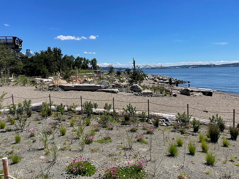 Beach at Myrtle Edwards Park on Elliott Bay, 2.5 miles south of Deauville Apts., accessible via walking and biking paths.