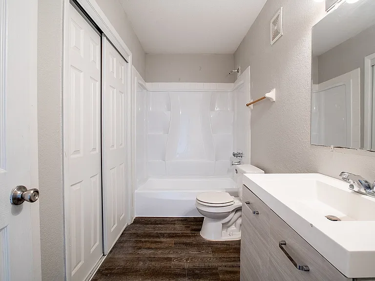 Modern bathroom with sleek fixtures, a spacious bathtub, elegant vanity, and wood-look flooring.