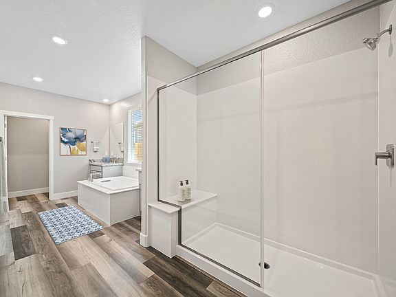 The master bathroom has a large vanity and a step in shower.