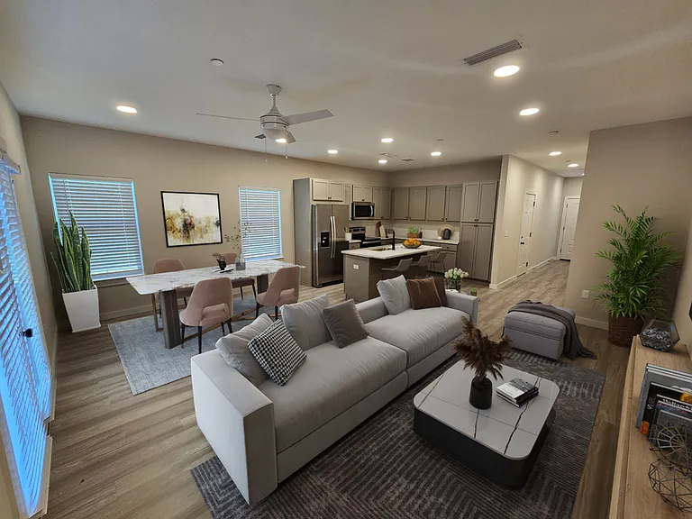 virtually staged kitchen & living room