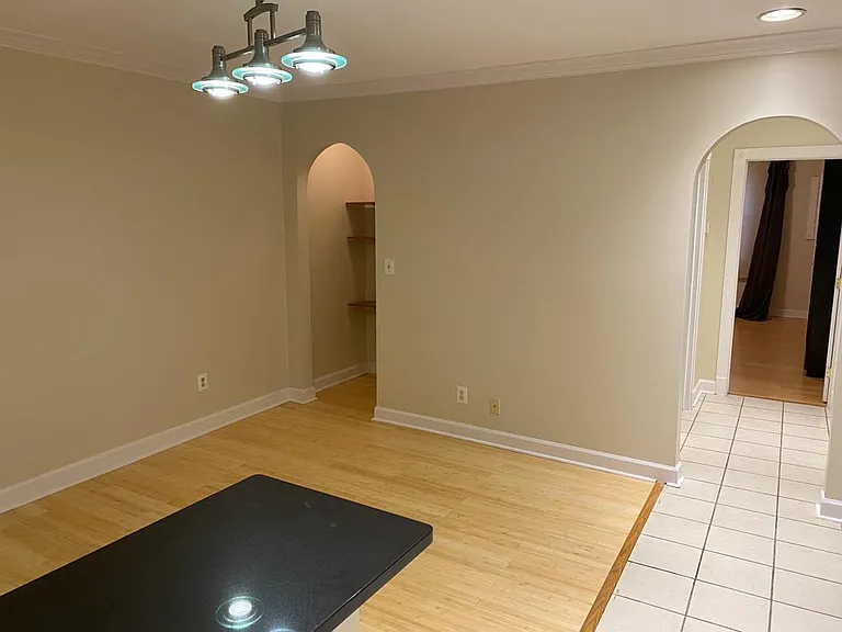 view to the hallway and bedroom from the living room. The black thing is the kitchen counter (great for breakfast). Arched opening on the left is about 2.5 ft deep and has installed shelving and light inside.