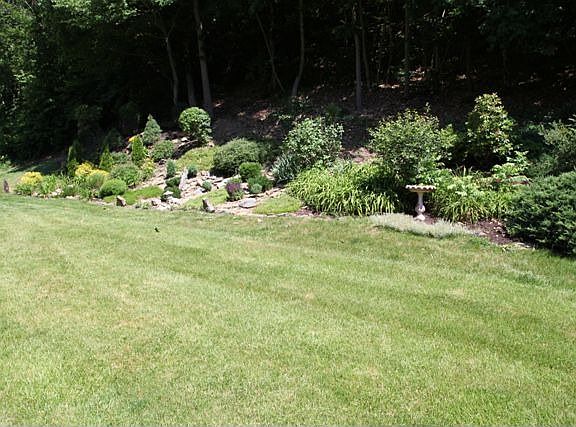 The backyard has is serene and beautiful.