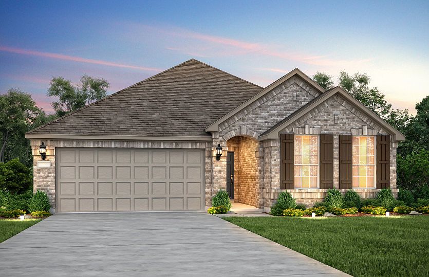 The Arlington, a one-story home with 2-car garage, shown with Home Exterior A