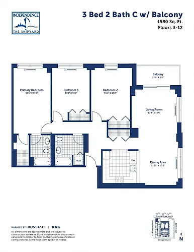 Floor plan 3 Bed 2 Bath C With Balcony