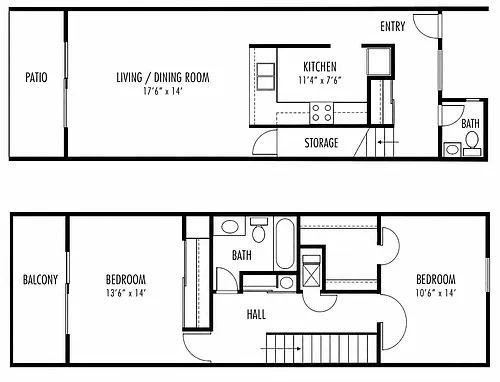 Floor plan 2-Bed 1-Bath Townhome