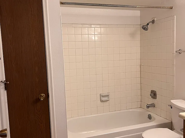Surprisingly spacious bathroom with deep closet for storage