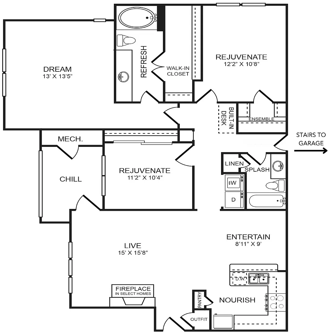 Floor plan 3 Bedroom, 2 Bathroom, Garage 1,388 SF 32BG