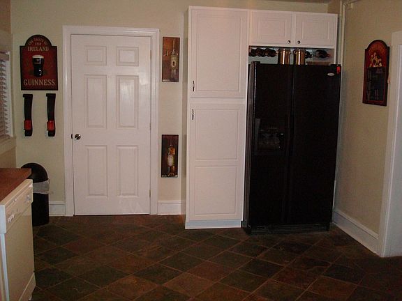 New Kitchen Slate Floor, Cabinets, & Door to 1/2 Bath