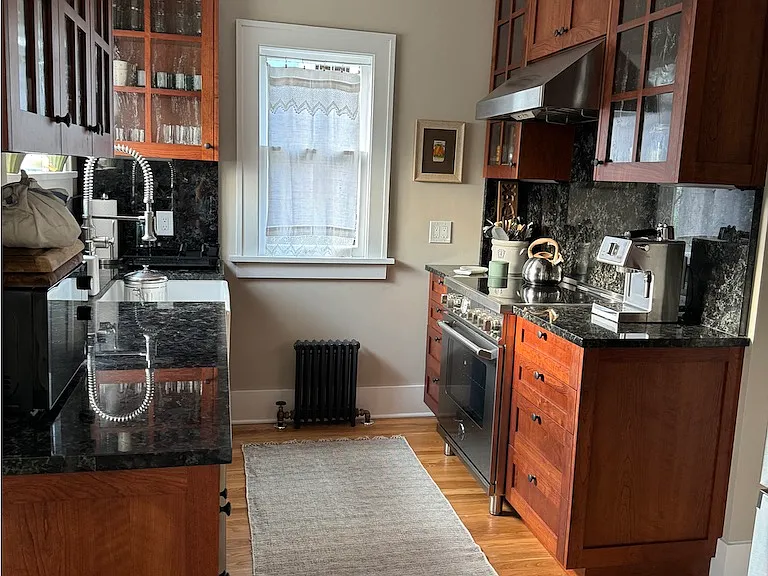newly remodeled kitchen, custom wood cabinets, new appliances, farm sink, fully stocked for cooks