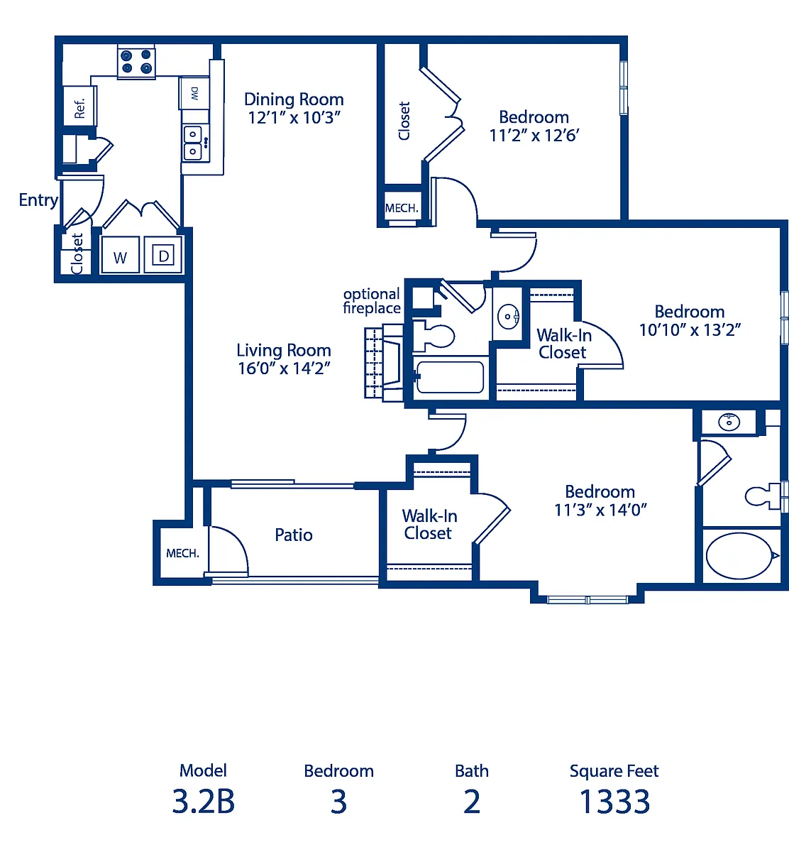 Floor plan 3BR 2BA 1220 sqft