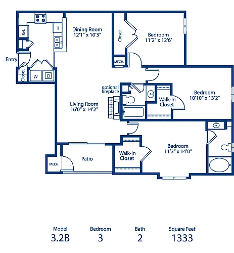 Floor plan 3BR 2BA 1333 sqft