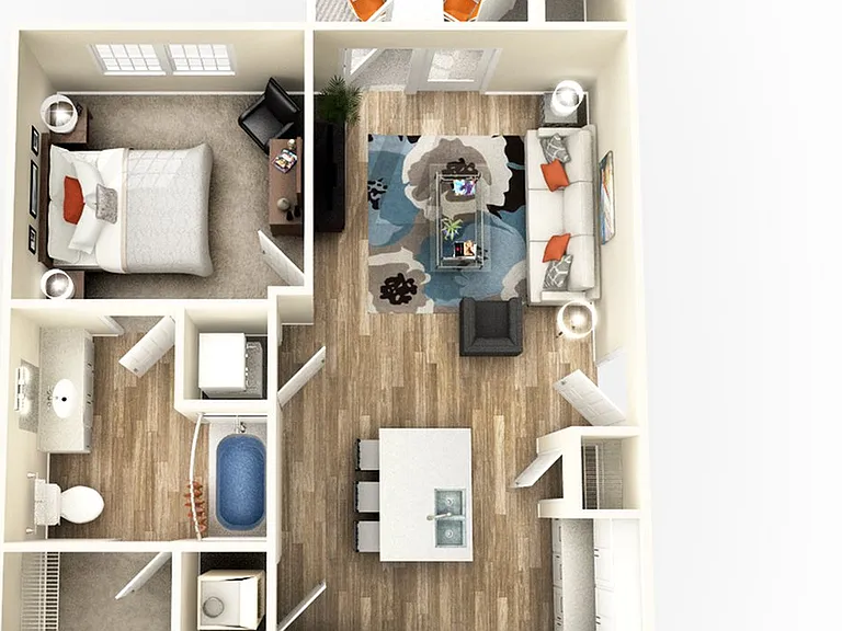 Explore this chic urban apartment layout, perfect for modern living. Explore this chic urban apartment layout, perfect for modern living.