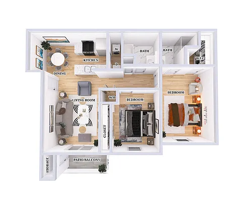 Floor plan 2 Bed, 2 Bath - 1035 Sq. Ft.