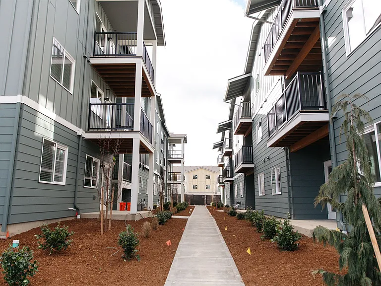 Progress at The Elowen in Lacey, WA. New apartments near completion as landscaping starts to take root around the buildings.