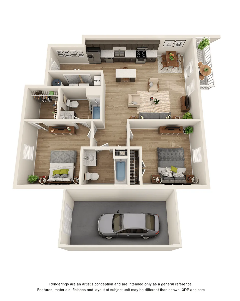 Floor plan 2 Bedroom, 2 BA with attached Garage