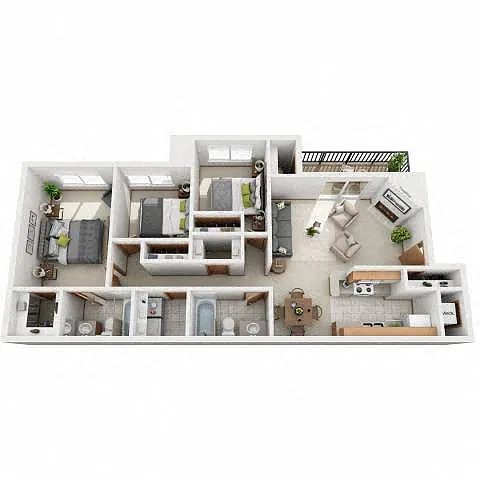 Floor plan 3 Bedroom, 2 Bathroom - 1160 SF