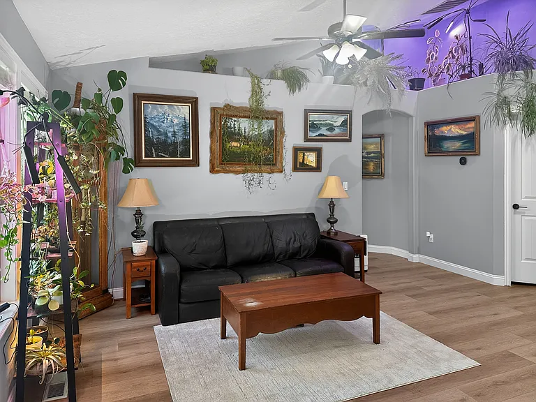 Living room with vaulted ceilings
