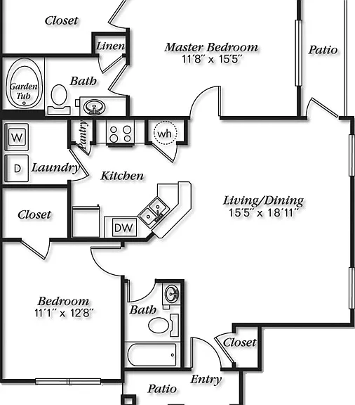 Elegant floor plan showcasing a spacious master bedroom with patio access, additional bedroom, two baths, open-concept living and dining area, and modern kitchen with laundry facilities. Elegant floor plan showcasing a spacious master bedroom with patio a