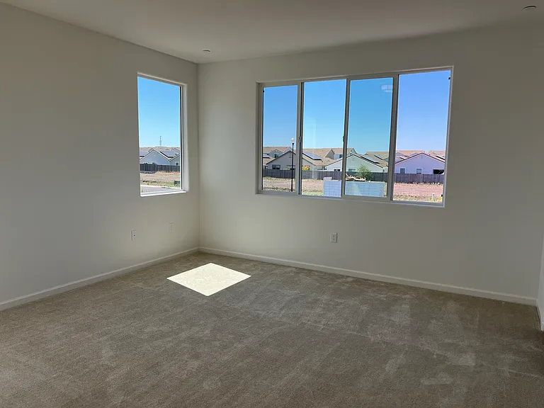 Primary Bedroom: Generous proportions, plush new carpet, and lovely views. Plenty of room for a king bed and sitting area