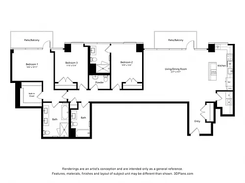 Floor plan 3 Bedroom Penthouse (D01PH)